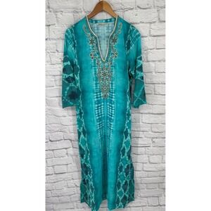 Soft Surroundings Boho Tie-Dye Embroidered Dress Turquoise Resort Festival Sz M